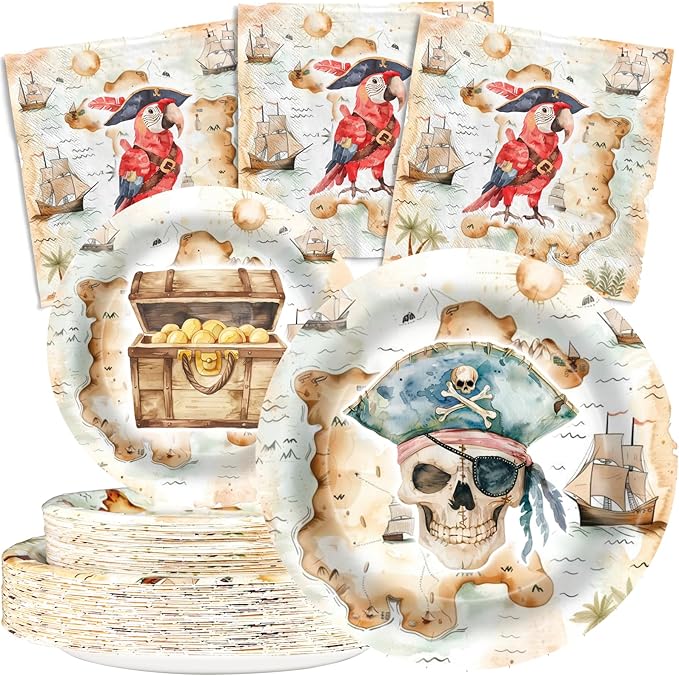 Pirate Birthday Party Supplies for 40 Guests, Treasure Map Pirate Plates and Napkins Set, Pirate Party Decorations for Boys