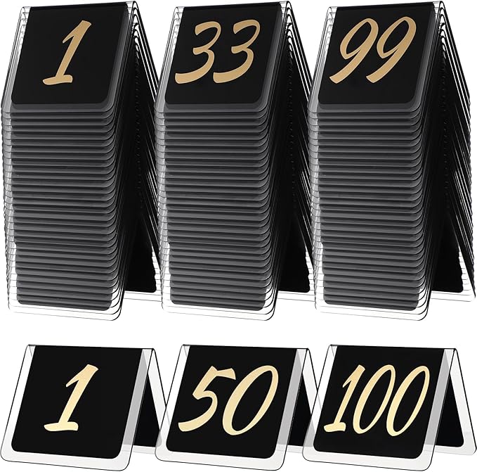 Suzile Table Numbers 1-100, 100-piece Double Sided Gold Acrylic Table Number Tents, 3.15" x 2.75" Number Signs for Receptions, Banquets, Restaurants, and Wedding(Black and Gold)