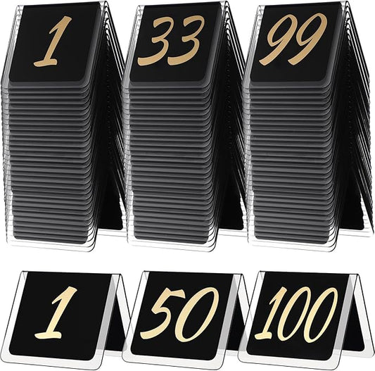 Suzile Table Numbers 1-100, 100-piece Double Sided Gold Acrylic Table Number Tents, 3.15" x 2.75" Number Signs for Receptions, Banquets, Restaurants, and Wedding(Black and Gold)