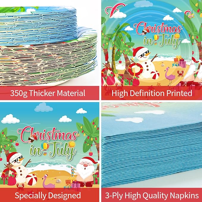 150Pcs Christmas in July Plates and Napkins - Merry Christmas Dinner Dessert Paper Plates Napkins Tableware Set for Hawaiian Beach Summer Xmas Decorations Party Supplies Tables Decor Favors,Serves 50