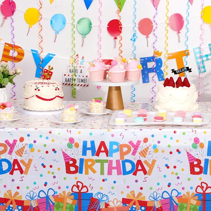 NatNarr 6 Pack Plastic Birthday Tablecloth, 54 x 108 Inch Disposable PE Happy Birthday Party Tablecloths Waterproof Rectangle Party Table Cover for Birthdays Parties Decor