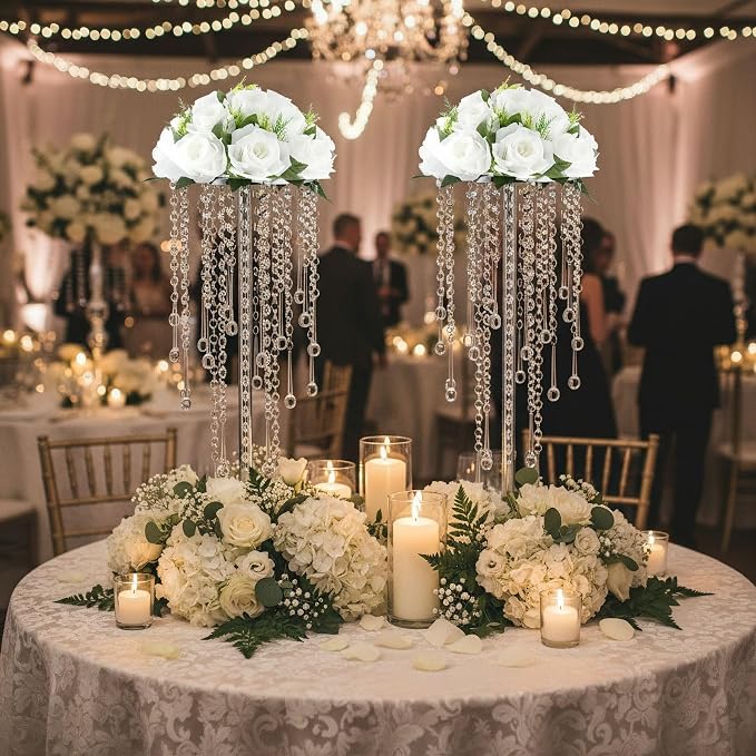 Bigsee 2 Pcs 21.65 inches Crystal Flower Stand Wedding Centerpieces for Tables, Tabletop Gold Metal Flower Arrangement Holder, Bulk Metal Vases for Reception Party Ceremony Decoration