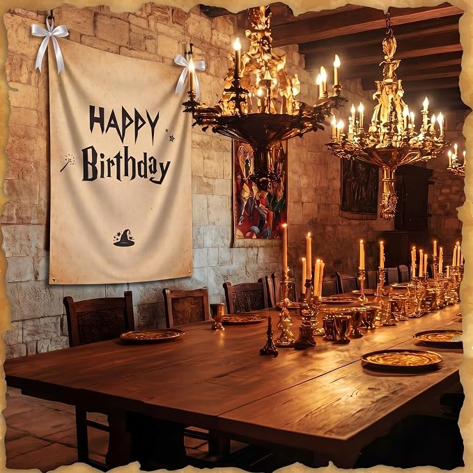 Oudain 29 x 39 Inch Magic Wizard Happy Birthday Banner, Vintage Burlap Birthday Backdrop Party Decorations, Rustic Boho Photo Props Sign with Hanging String for Halloween Wizard Magical Party Supplies
