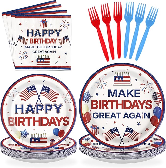 96Pcs Make Birthdays Great Again Party Supplies Funny Blue and Red Plates and Napkins Funny Presidant Tableware Set for USA President Patriotic Birthday Party Supplies，Serves 24