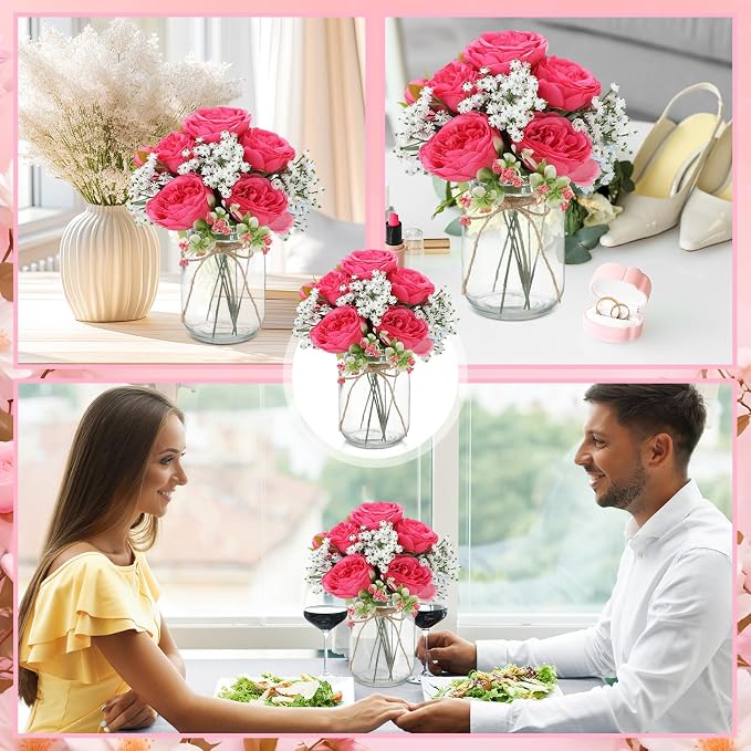 Zeyune 12 Sets Mason Jar Centerpiece Table Decorations, Artificial Peony Baby's Breath Flower Bouquets, Faux Flowers with Vase, Rustic Decor Gifts for Home, Wedding, Holiday (Hot Pink)