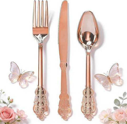 WDF-300 Pieces Rose Gold Plastic Silverware- Disposable Flatware -Heavyweight Plastic Cutlery- Includes 100 Forks, 100 Spoons, 100 Knives for Wedding/Parties/Mother's Day