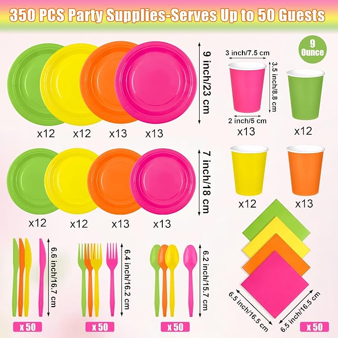 Kochorie 350 Pieces Neon Dinnerware Set, 7 & 9 inch Dessert Paper Plates Cups Napkins Plastic Cutlery Disposable Party Supplies for Neon Glow Party Birthday Baby Shower Wedding, Serve 50 Guests