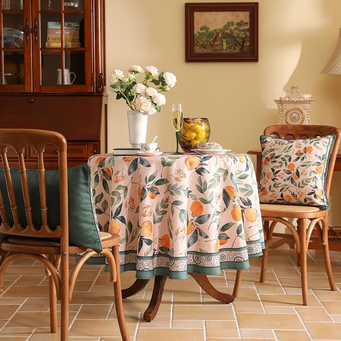 patdrea Designer French Linen Tablecloth,Round,Diameter 67"-Palladin A | Colorful Elegant Table Cloth for Round Table,Orange Floral Patterned,for Dining Room Tea Party Thanksgiving
