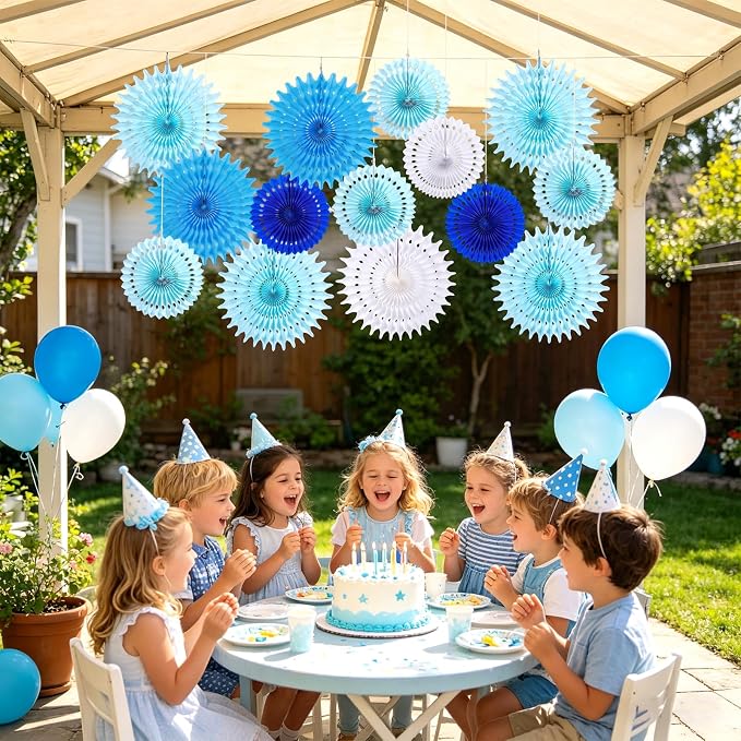 SUNBEAUTY Pack of 13 Blue White Hanging Honeycomb Paper Fans Party Decoration Kit for Baby Boy Shower 1st Birthday Navy Ocean Wedding Under The Sea Theme Photo Booth Backdrops Paper Party Supplies