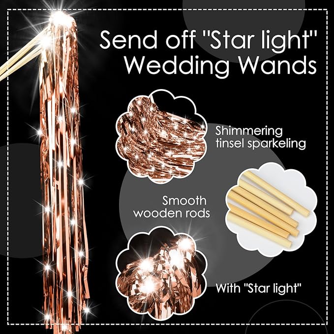 Simgoing 100 Pcs Lighted Wedding Wands LED Tinsel Wands Light up Streamers Sparklers for Wedding Send Off and Exits Birthday Party Props Favors(Rose Gold)