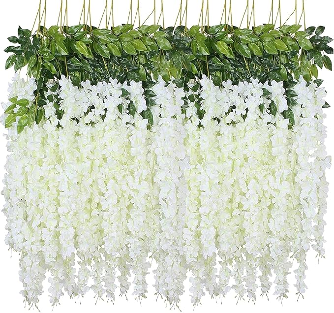 Artificial Wisteria Hanging Flowers, 24pack Fake Flowers White Wisteria Vine Ratta Garland Silk Flowers for Wedding Arch Party Garden Home Decor (24)