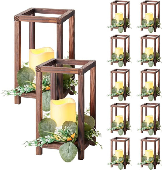 VEVOR 12 Set/36 Pcs Wooden Wedding Lantern Centerpiece, Includes 12 Wooden Lantern Candle Holder 12 Flameless LED Candle 12 Eucalyptus Leaves Wreath for Wedding Table Party Farmhouse Decor, Brown