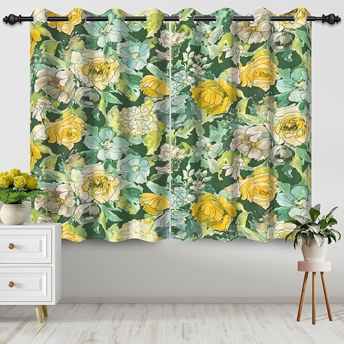 Spring Floral Blackout Window Curtains Vintage Oil Painting Yellow Flowers Room Darkening Light Blocking Window Drapes for Bedroom Living Room Kitchen Decor Grommets Top,26x63 inch,2 Panels