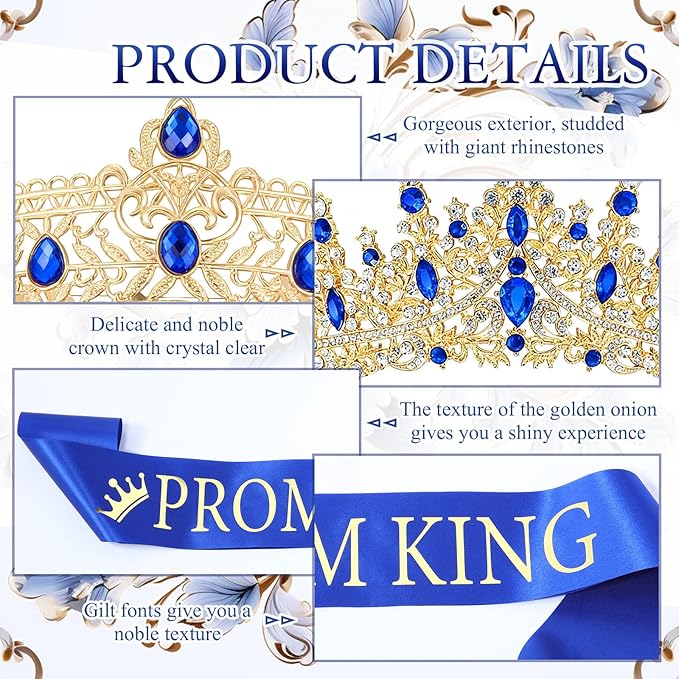 Retrowavy 12 Pcs Prom Crown and Sash Set, Prom King and Queen Tiara Rhinestone Crown Satin Sash for Graduation Party