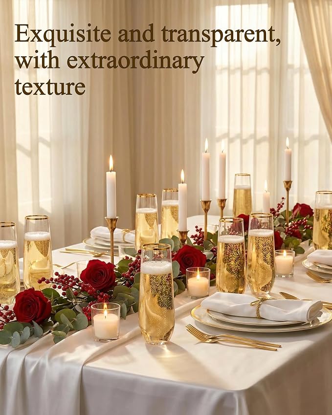 Ciaell 24 Pack Gold Plastic Champagne Flutes - 9 Oz Disposable Champagne Glasses - Stemless Mimosa Glass for Parties & Weddings & Birthdays