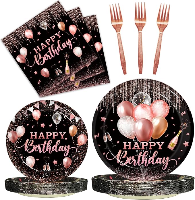 Kepeel 96 Pcs Rose Gold Birthday Plates and Napkins Party Supplies for Women Paper Pink Girls Glitter Happy Birthday Party Disposable Tableware Set Decorations Favors, Serves 24