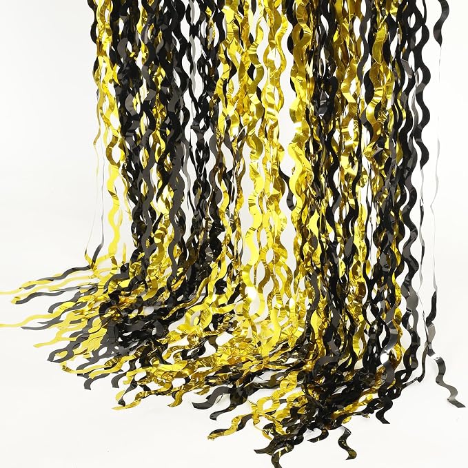 KEEUH 4 Pack Black and Gold Wavy Foil Fringe Curtains Pirthday Decorations,3.3 ft x 6.6 ft Metallic Foil Curtains Streamers for Party Photo Booth Props Background Decoration