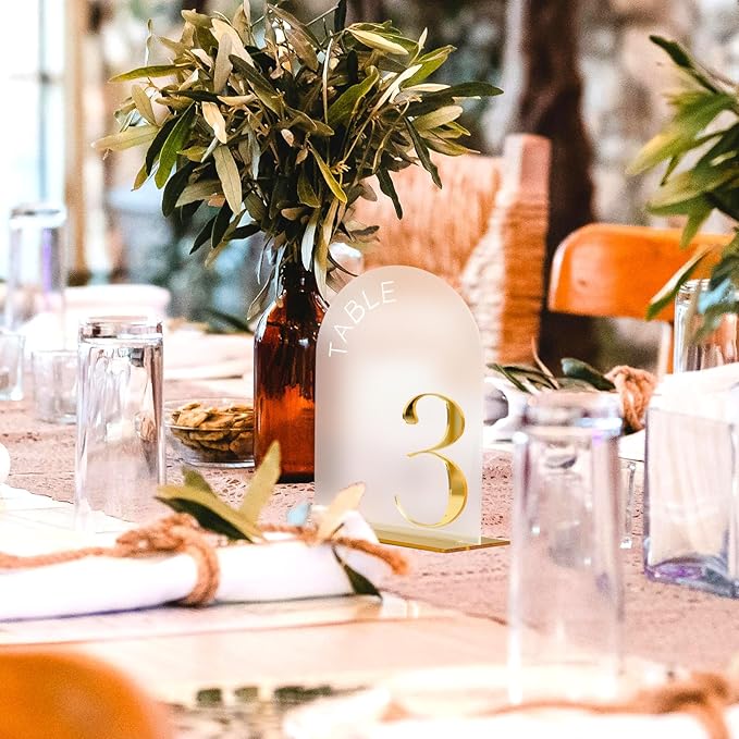 Frosted Arch Wedding Table Numbers 1-10 with Stand,10 Pack 5x7 Inch Frosted Acrylic Signs with Gold Number, Arched Acrylic Table Numbers for Wedding Reception