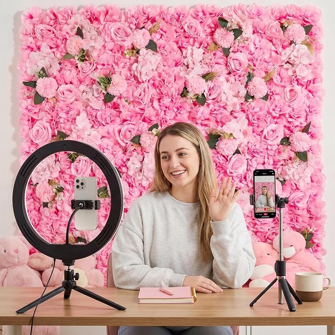 3D Flower Wall Backdrop - 6Pcs 16×24 Inch Artificial Rose Panels Pink Silk Floral Decor for Home Party Wedding Anniversary Birthday Photographic Studio Background & Decorative Fences