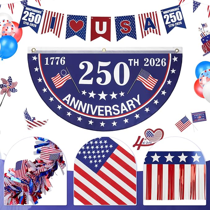Tryly 4th of July Golf Cart Decorations Kit, 250th Patriotic Parade Golf Cart Decor – 250th Banner, Fan Flags, Foil Fringe Garland, Pinwheels and More with 1776-2026 for Independence Day Memorial Day