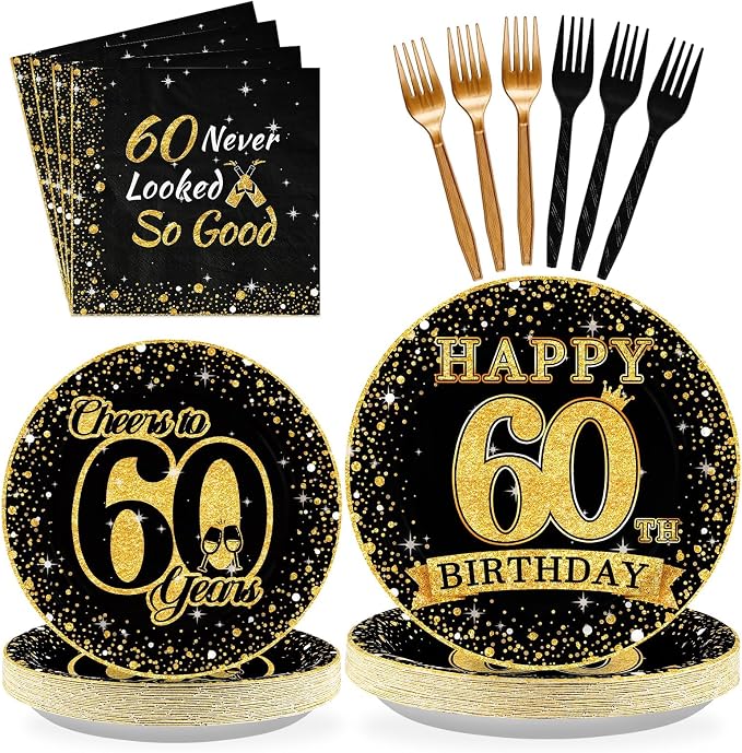 96Pcs 60th Birthday Party Decorations Vintage 1966 Birthday Plates and Napkins Black and Gold Tableware Sets Cheers to 60 Years Decorations for Mens Womens 60 Year Old Party Father's Day Serves 24
