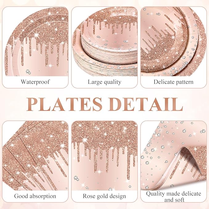 Funnymoom 452 Pcs Rose Gold Party Supplies Birthday Decorations Include Glitter Rose Gold Paper Plates and Napkins Cups Tablecloth Cutlery Straws Disposable Tableware Set for Women Birthday