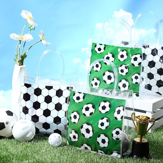 Supervitae 36 Pcs Soccer Clear Favor Bags with Handle Reusable Plastic PVC Sports Gift Bag Goodies Treats Totes for Birthday Wedding Summer Party Supplies, 8 x 8 x 3.15 Inch