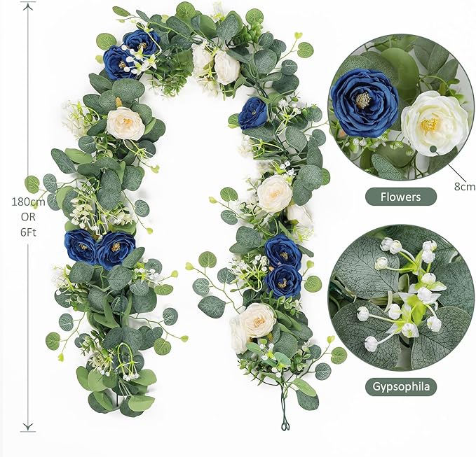 TOCHGREEN 2 Pack 13Ft Artificial Eucalyptus Flower Garland with White and Blue Roses, Fake Rose Flower Greenery Garland Floral Vines for Wedding Home Party Table Runner Decor (Blue White, 2PCS)