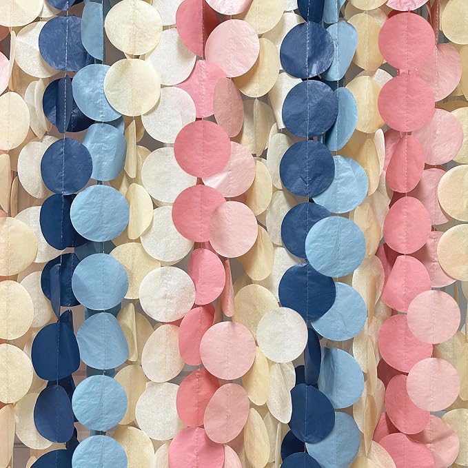 205 Ft Dusty Rose Pink Blue Khaki Beige Circle Dot Backdrop Garland Tissue Paper Polka Dots Hanging Streamer for Gender Reveal He or She Boy or Girl Baby Shower Birthday Wedding Party Decorations