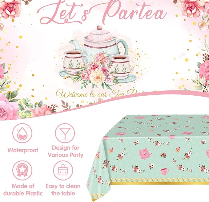 Tea Party Decorations For Women,Pastel Balloons,Tea Party Backdrop,Banner,Teapot Mylar Foil Balloon,Table Cloth,Paper pom poms Party Supplies for Girls