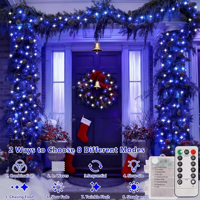 YEGUO Battery Operated String Lights, 2 Pack Each 33ft 100 LED Twinkle Fairy Lights Outdoor Waterproof, 8 Modes Clear Wire Blue and White Christmas Lights Indoor with Remote