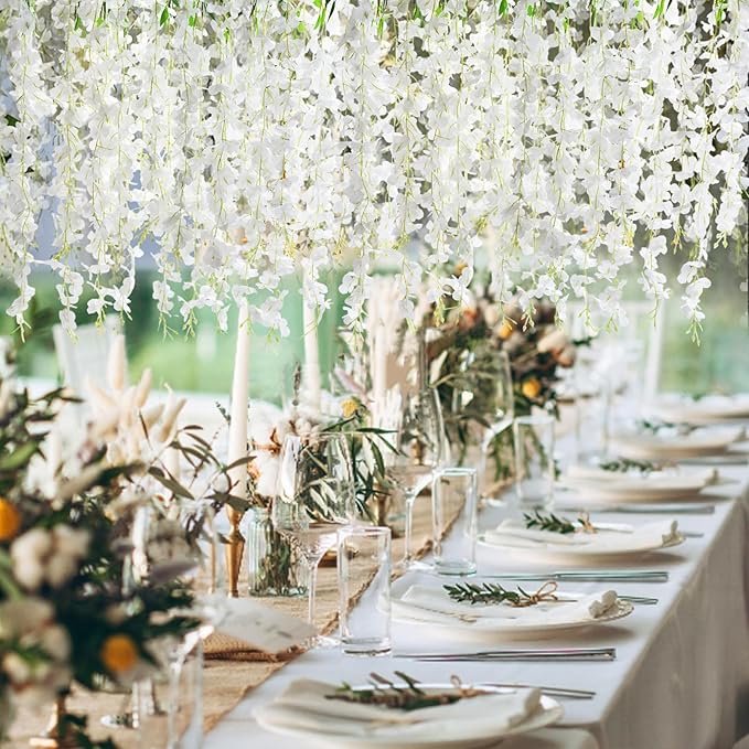 12 PCS Wisteria Hanging Flowers, 3.6ft Fake Wisteria Vines Artificial Wisteria Garland Silk Flower String for Wedding Arch Garden Party Home Ceiling Wall Backdrop Tent Decoration (White)