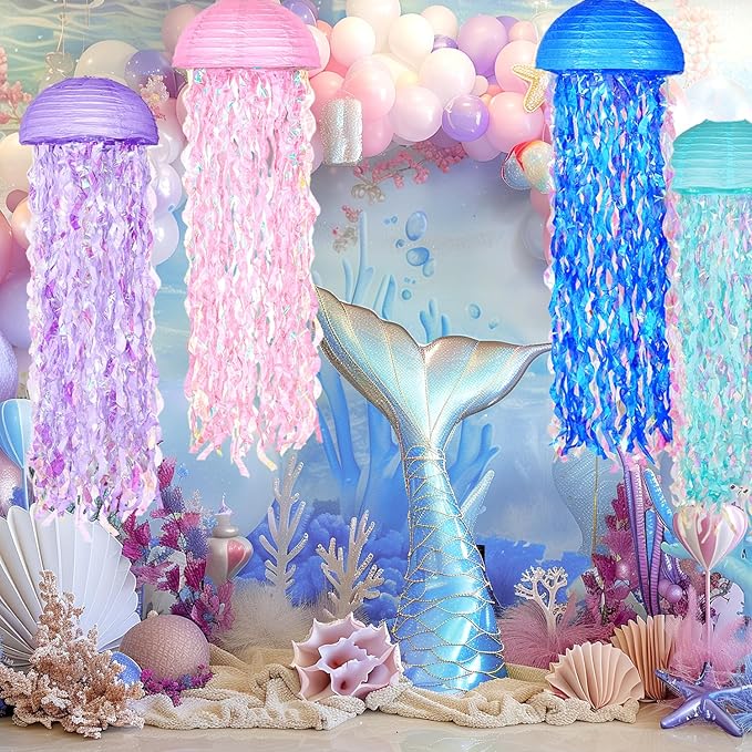 OBXT 10" Mermaid Jellyfish Lanterns – Pink Purple Blue Decorations for Mermaid Birthday Party, Under the Sea Theme, Baby Shower, Ocean & Beach Room Hanging Decor (Set of 6)
