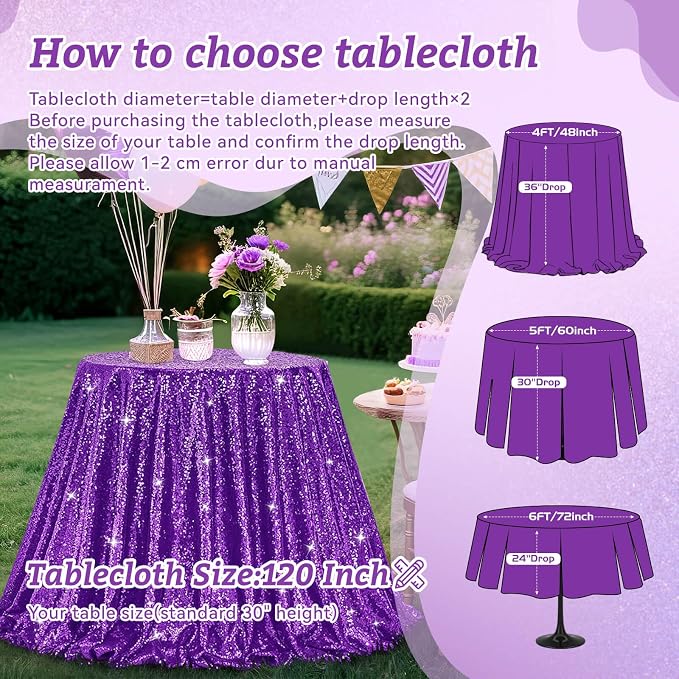 B-COOL Sequin Tablecloth Round Party Decorations: Purple Table Cloth Overlay 120 Inch Sparkle Fabric for Birthday Ceremony Parties Halloween