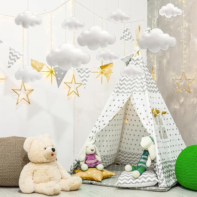 ayfjovs 10pcs 3D Cloud Decoration Hanging Cloud for Ceiling Decor, Felt 3D White Cloud Ornament for Art Stage Wedding Nursery Children Room Party Baby Shower Cloud Props