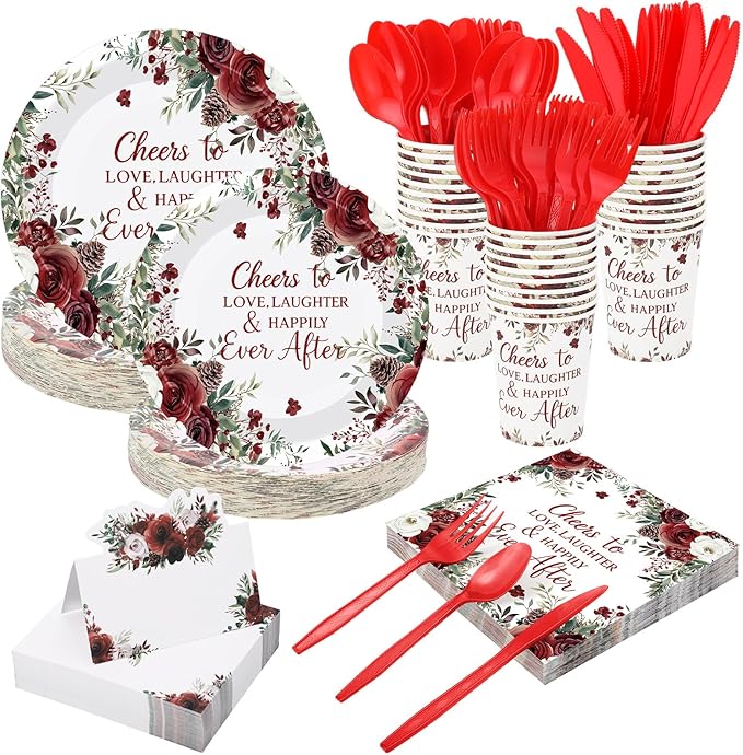 Shellwei 410 Pcs Rose Floral Wedding Paper Plates and Napkins Disposable Cheers to Love Tableware Set Red Floral Bridal Shower Party Supplies with Cups Knives Forks Spoons Seat Cards for 50 Guests