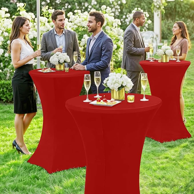 Moosfor Spandex Cocktail Table Covers 4 Pack, Elastic Fitted Stretch Table Cloth, Round High Top Tablecloths for Bar, Party, Pub, Wedding & Banquet (Red, 32x43 Inch)