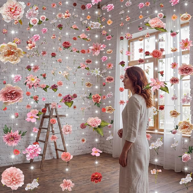 Suncalla 6 Pack 35.4ft Fake Flower Garland Backdrop with LED Lights Hanging Wildflower Floral Vine Decorations for Wedding Bridal Shower Birthday Baby Shower Party Backdrop(Fresh,Pink)