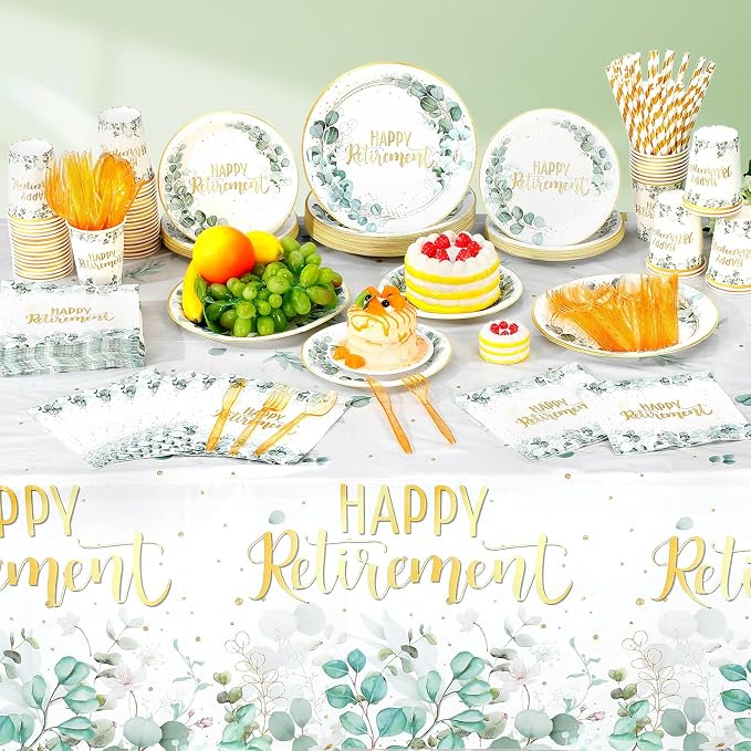 Potchen 452 Pcs Party Supplies Serve 50 Guests, Paper Plates Napkins Cups Cutlery Plastic Tablecloth Dinnerware for Birthday Wedding Party Decoration (Sage Green Gold, Retirement)