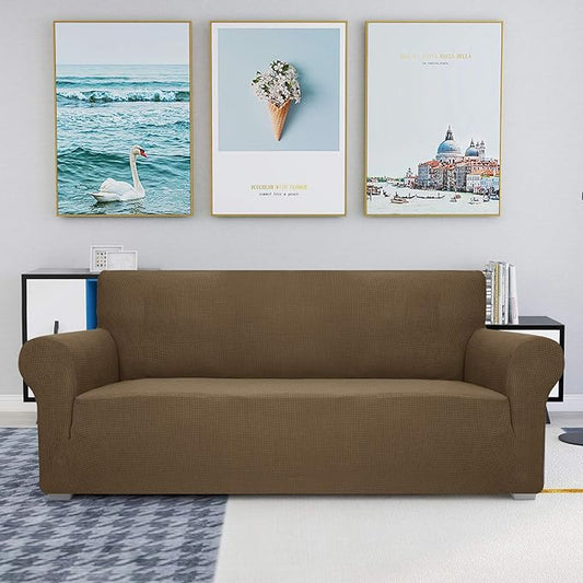 JIVINER High Stretch Couch Covers for 3 Cushion Couch 1-Piece Jacquard Elastic Sofa Slipcovers Anti Slip Sofa Cover with Elastic Bottom Furniture Protector for Kids Pets (Sofa, Brown)