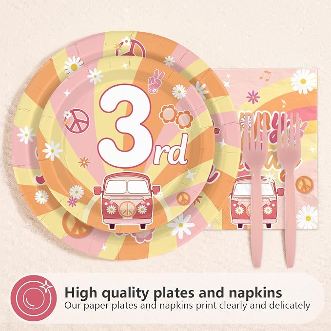 96Pcs Groovy 3rd Birthday Party Decorations Hippie Boho Plates and Napkins Disposable Little Miss Threenager Tableware Sets for Girls 3 Year Old Birthday Hippie Boho Party Supplies, Serve 24