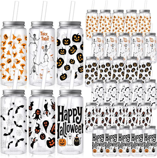 Skylety 30 Pcs Halloween Plastic Cups Tumbler with Lids and Straws 13.5 oz Pumpkin Ghost Bat Reusable Plastic Cups for Halloween Holiday Party Decor Supplies