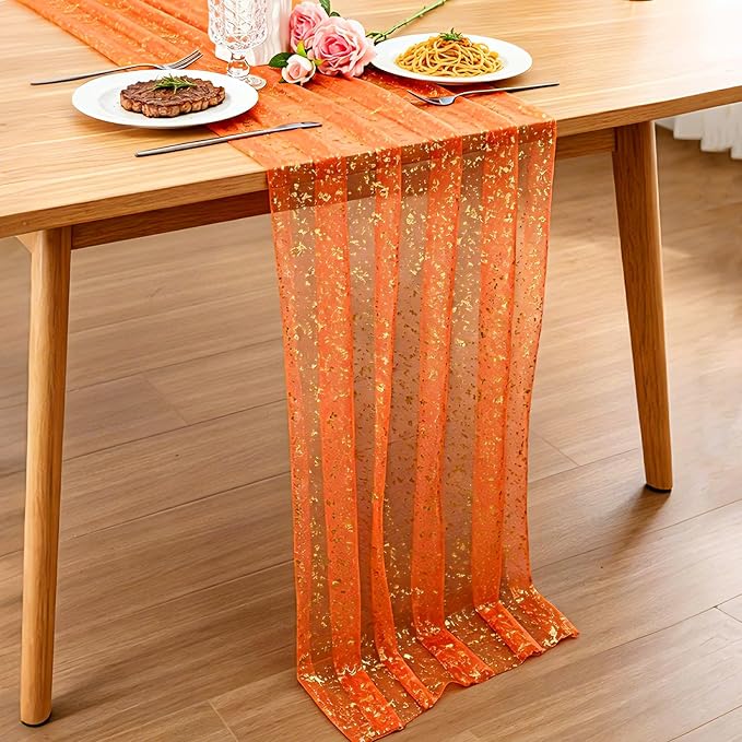 BINBE 3PCS Orange Table Runner 10Ft Sheer Chiffon Fabric Cheesecloth Sequin Glitter Table Runner for Wedding Birthday Party Decor