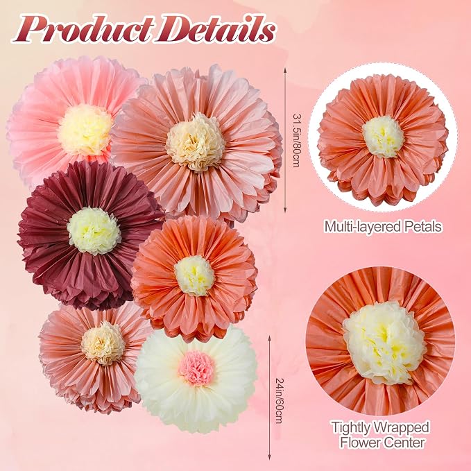 Giegxin 6 Pcs 31.5", 24" Pink Giant Paper Flower Boho Large Tissue Paper Flower for Wall Big Pink Pom Pom Floral Decorations for Wedding Bridal Shower Tea Party Baby Shower Classroom Birthday Decor