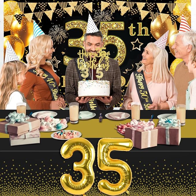 35th Birthday Decorations for Men Women with 35th Birthday Banner, Black and Gold Table Cloth, Number Balloons, Large Sash, Cake Topper and Candles