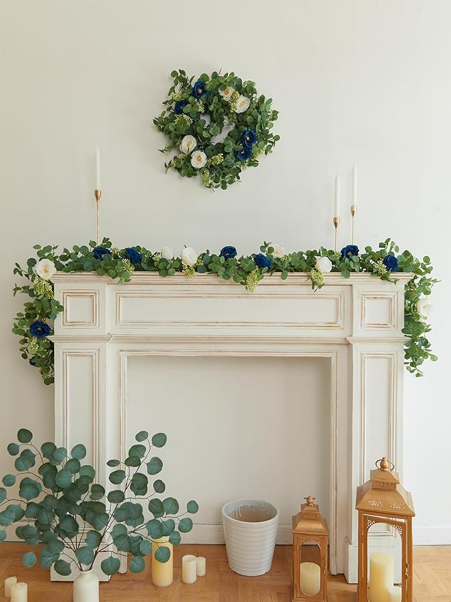 PARTY JOY 2pcs 6.56ft Eucalyptus Garland with Flowers-8 Blue White Roses, Artificial Fake Flowers Greenery Garland Floral Vines for Decoration Party Wedding Table Indoor Outdoor Backdrop Wall Decor