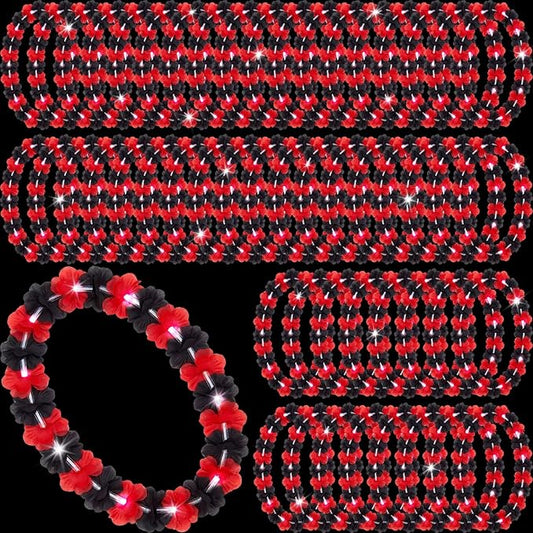 Sherr 48 Pcs Graduation LED Hawaiian Leis Class of 2026 Light Up Flower Leis Necklace with LED Lights Black Red Luau Flowers Necklaces for Graduation Party Decoration Supplies