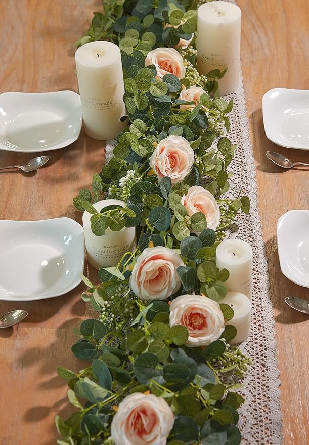 PARTY JOY 2pcs 6.56ft Eucalyptus Garland with Flowers-8 Pink Roses-Lush,Natural Looking, Floral Garland Greenery for Party Wedding Table Indoor Outdoor Backdrop Wall Decor（Pink）