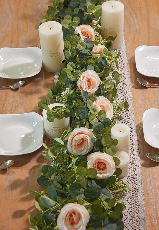 PARTY JOY 2pcs 6.56ft Eucalyptus Garland with Flowers-8 Pink Roses-Lush,Natural Looking, Floral Garland Greenery for Party Wedding Table Indoor Outdoor Backdrop Wall Decor（Pink）