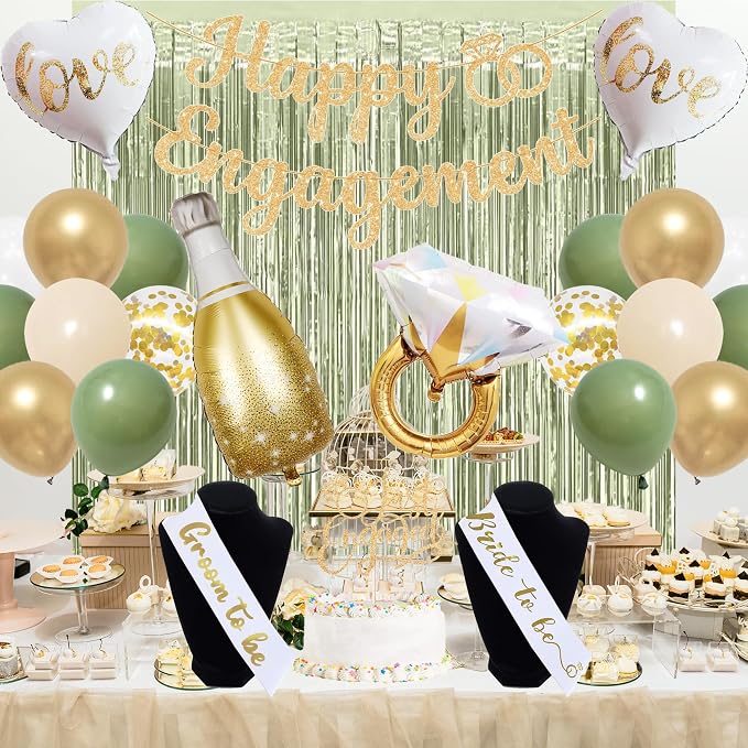 Trgowaul Green Gold Engagement Party Decorations, Happy Engagement Banner Backdrop, Bride&Groom Sash for Bridal Shower, Ring Foil Balloon, Just Engaged Cake Topper Wedding Shower Decor